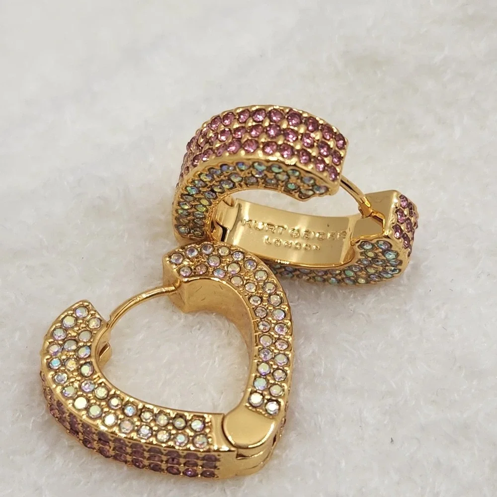 Kurt Geiger London Pave Heart Huggie Earrings Gold Pink Crystal Y2K Glam - Picture 1 of 8